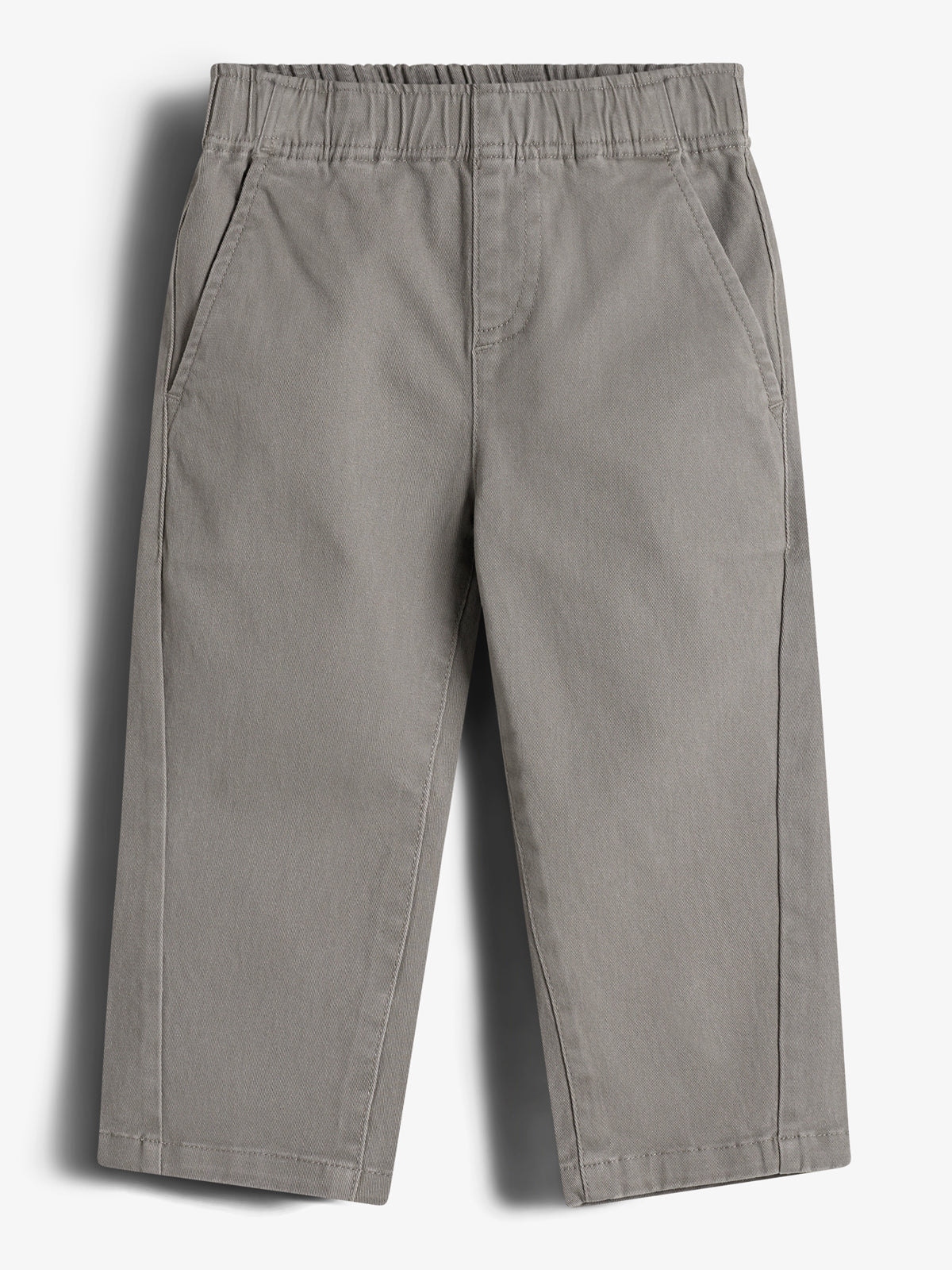 Gray pants with an elastic waistband and side pockets, resting on a plain white background. The pants have a straight-leg design with visible seams.