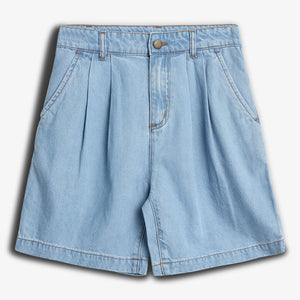 Light blue denim shorts with front pleats and pockets, button and zipper closure, displayed against a plain white background.