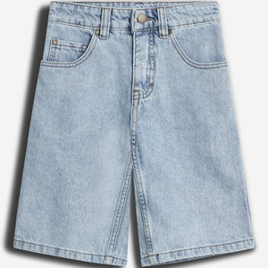 Denim shorts lay flat, displaying front pockets, belt loops, and a button closure. The background is plain white, emphasizing the light blue fabric and stitching details.
