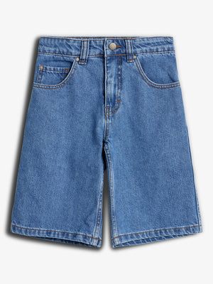 Blue denim shorts with button closure and belt loops, featuring front and back pockets, displayed against a plain, light gray background.