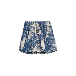 Shorts with blue palm tree prints stand out; the drawstring waist is tied in a bow. They're set against a plain white background, emphasizing their casual, tropical vibe.