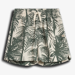 Khaki shorts with a green palm leaf pattern, featuring an elastic waistband and drawstring, are displayed against a plain white background.