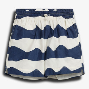Shorts with blue and white wave patterns, featuring an elastic waistband and drawstring, displayed against a plain white background.