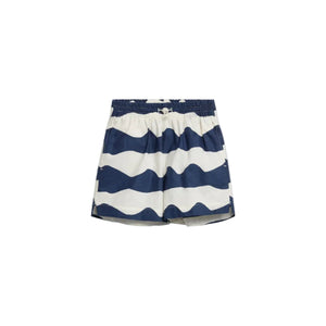 Shorts with blue and white wave patterns, featuring an elastic waistband and drawstring, displayed against a plain white background.