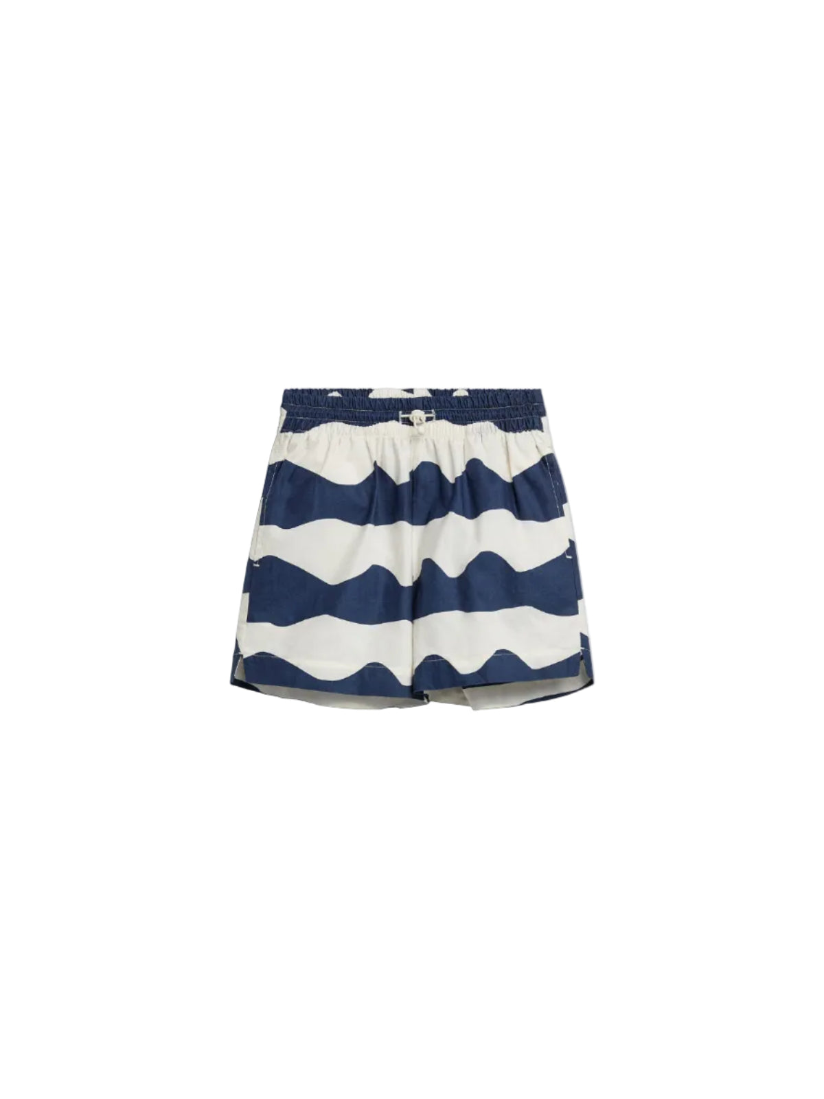 Shorts with blue and white wave patterns, featuring an elastic waistband and drawstring, displayed against a plain white background.