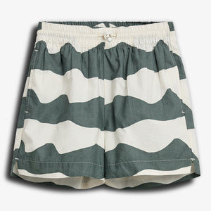 Green and white striped shorts with an elastic waistband and drawstring, lying flat against a white background. The pattern alternates between broad horizontal stripes, creating a casual appearance.