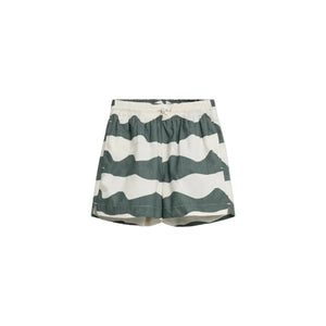 Green and white striped shorts with an elastic waistband and drawstring, lying flat against a white background. The pattern alternates between broad horizontal stripes, creating a casual appearance.