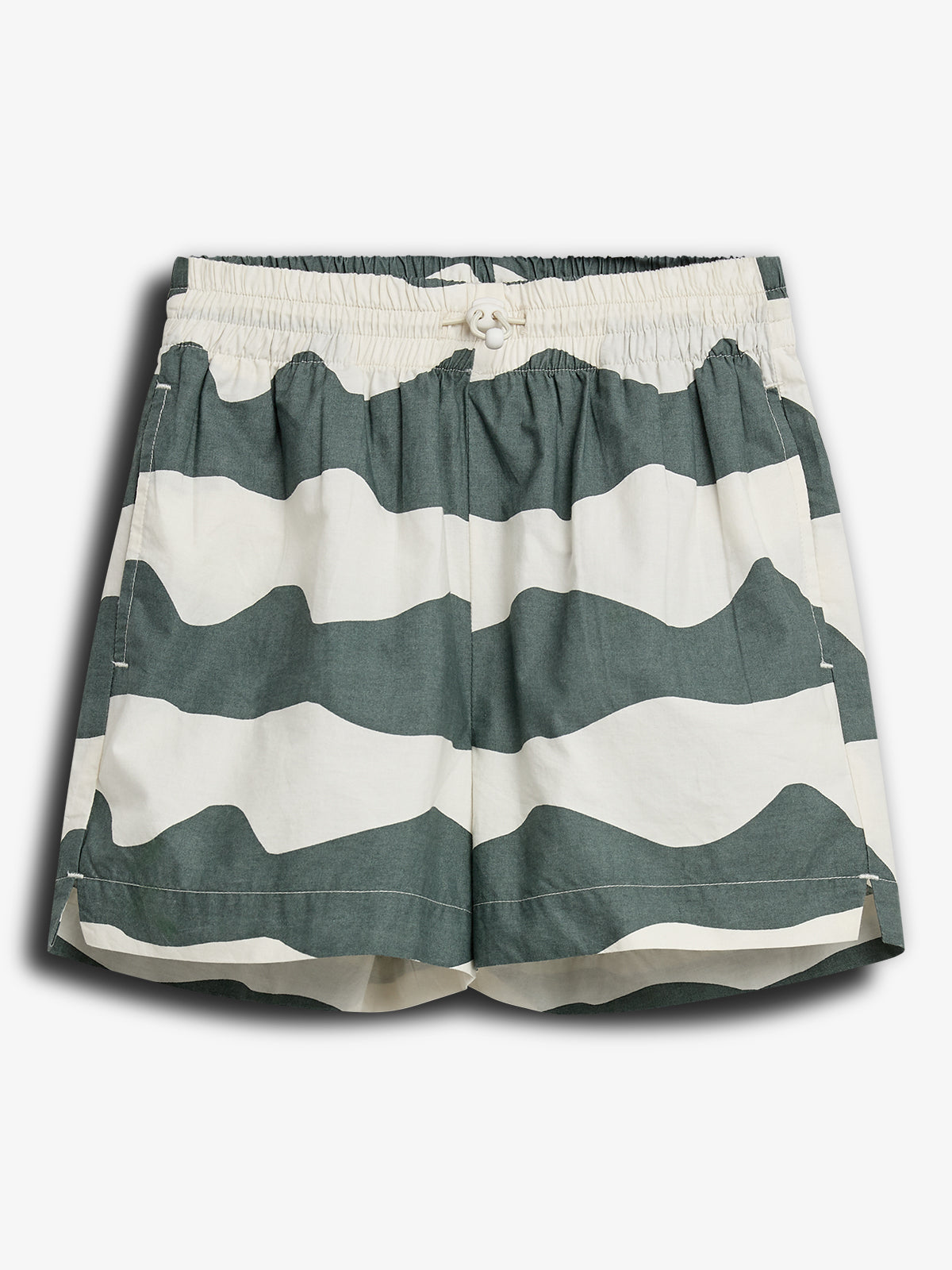 Green and white striped shorts with an elastic waistband, featuring a button and drawstring. The shorts are displayed against a plain white background, emphasizing their casual style.