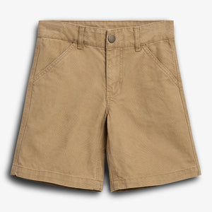 Tan shorts lie flat, featuring a single button and zip closure with two front pockets. The shorts are positioned on a plain white background.