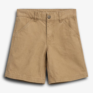 Khaki shorts with belt loops and a button closure are laid flat against a plain white background, highlighting the stitching and pockets.