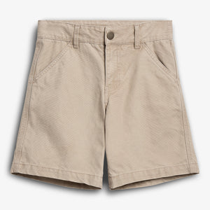 Beige khaki shorts with a button and zip closure, front pockets, and belt loops, displayed flat against a plain white background.