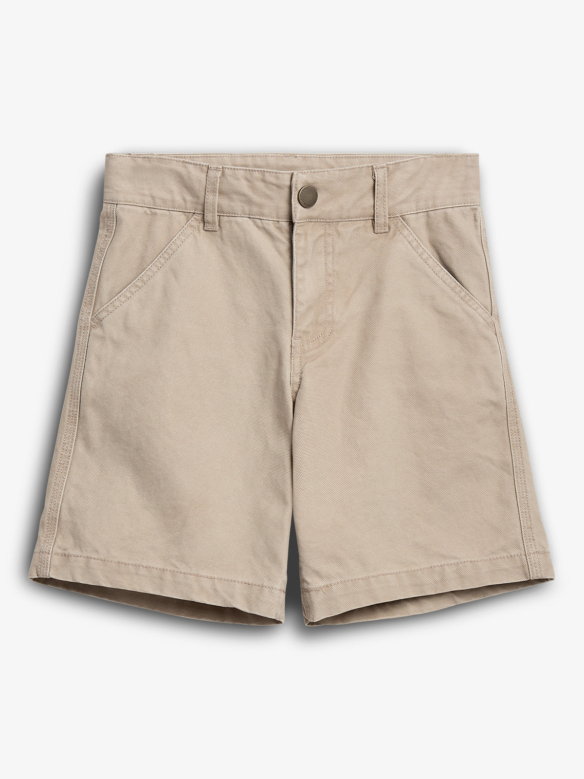 Beige khaki shorts with front button, belt loops, and side pockets, displayed against a plain white background.