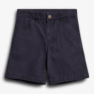 Dark navy shorts are neatly laid out against a plain white background. They feature front pockets, belt loops, and a button closure, creating a simple, casual appearance.