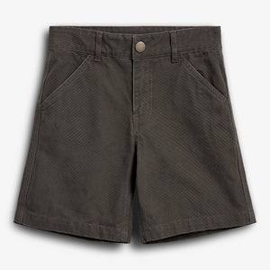 Dark gray shorts lie flat, featuring two front pockets and a button closure, set against a plain white background.