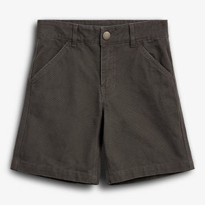 Dark brown shorts with a button closure and belt loops, featuring two front pockets. Laid flat on a plain white background.