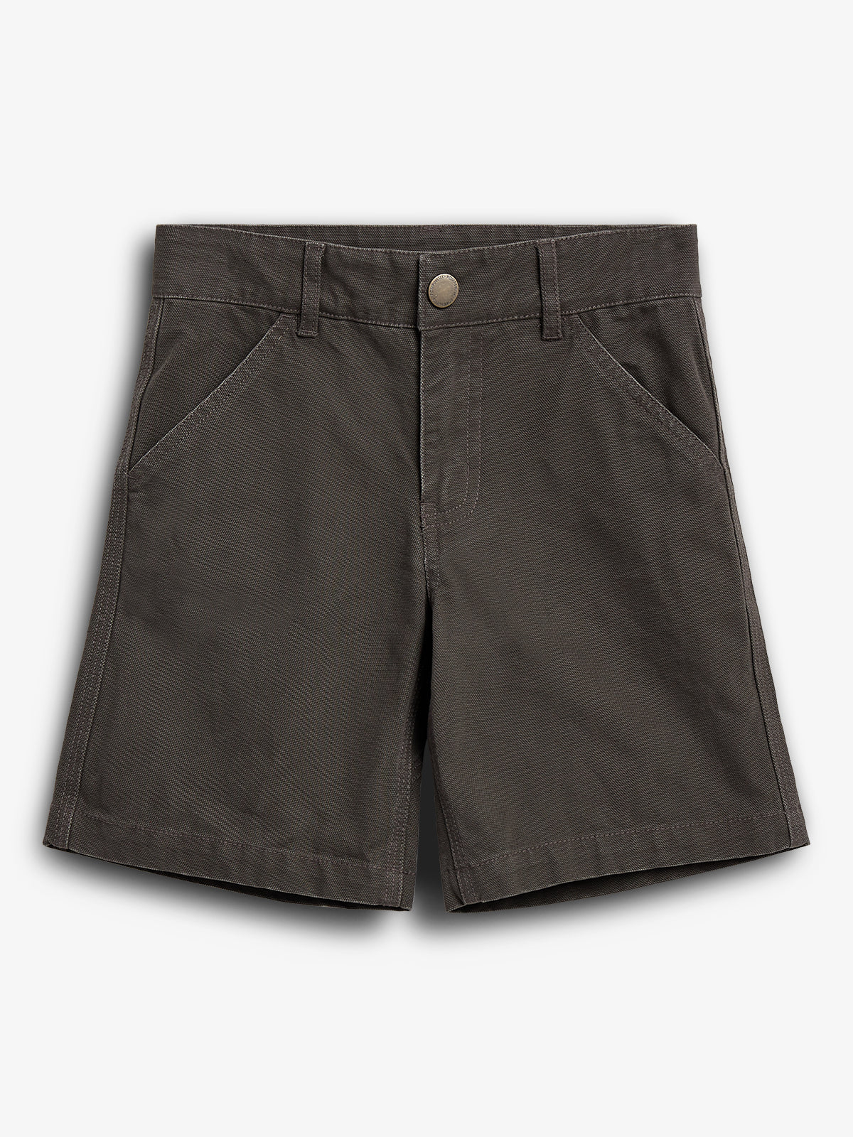 Dark brown shorts with a button closure and belt loops, featuring two front pockets. Laid flat on a plain white background.