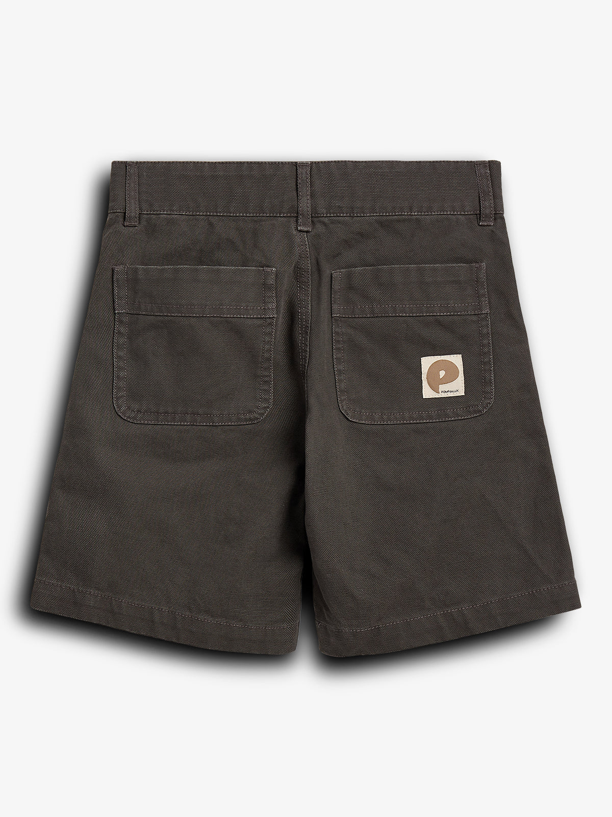 Dark brown shorts with two back pockets, featuring a small rectangular patch with a "P" logo on one pocket, placed against a plain white background.