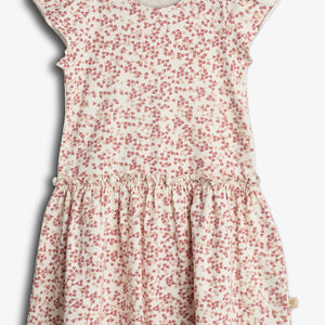 A cream-colored, short-sleeve dress is covered in a red butterfly pattern. It features a gathered waist and a casual design for children. Background is plain white.