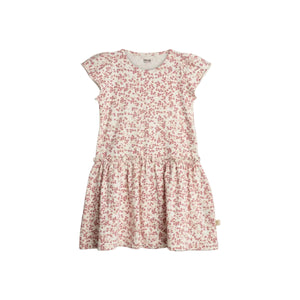 A cream-colored, short-sleeve dress is covered in a red butterfly pattern. It features a gathered waist and a casual design for children. Background is plain white.
