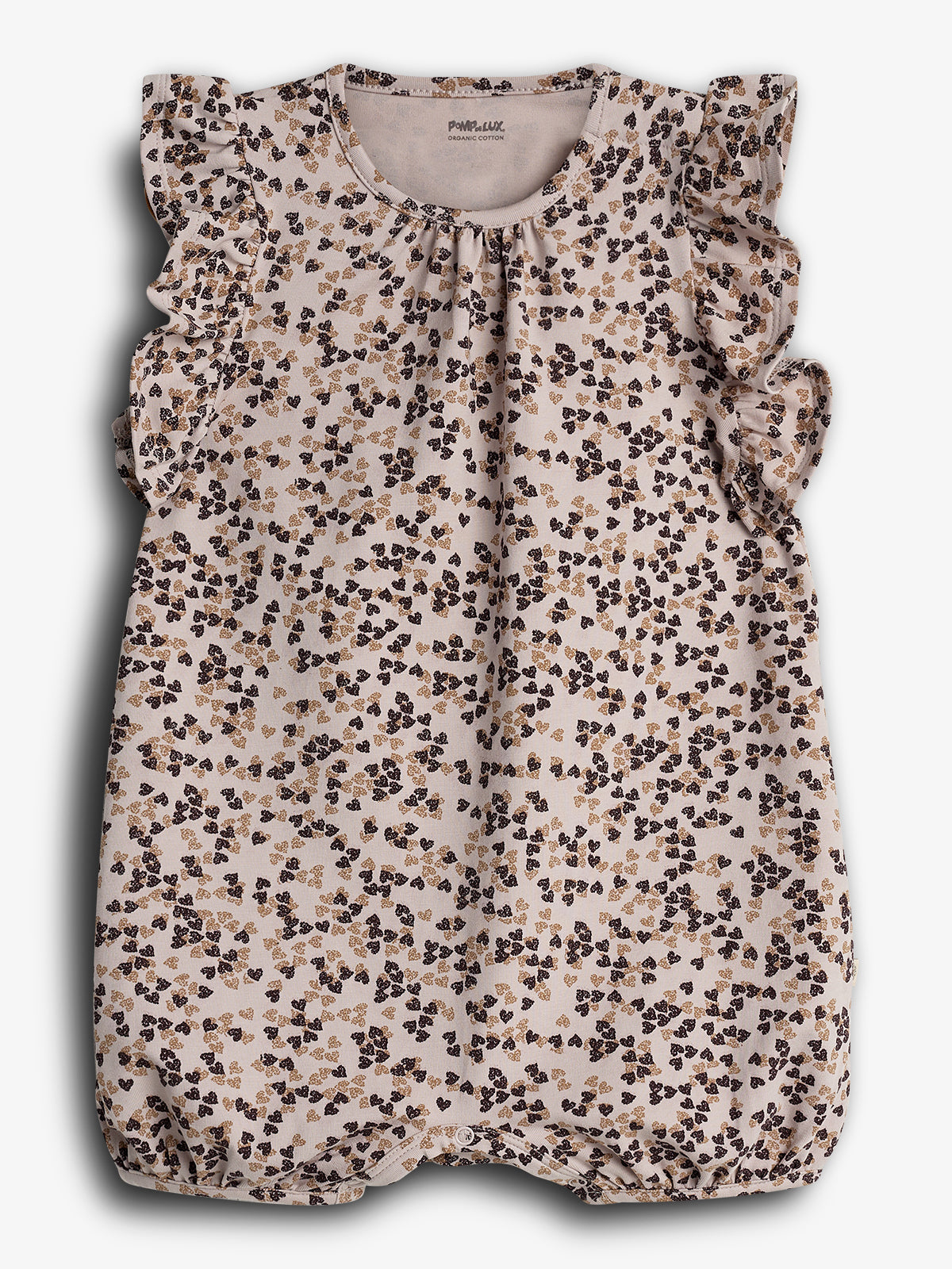 A floral-patterned baby romper with ruffled sleeves is displayed against a plain background. The text inside reads, "Pomp de Lux ORGANIC COTTON."