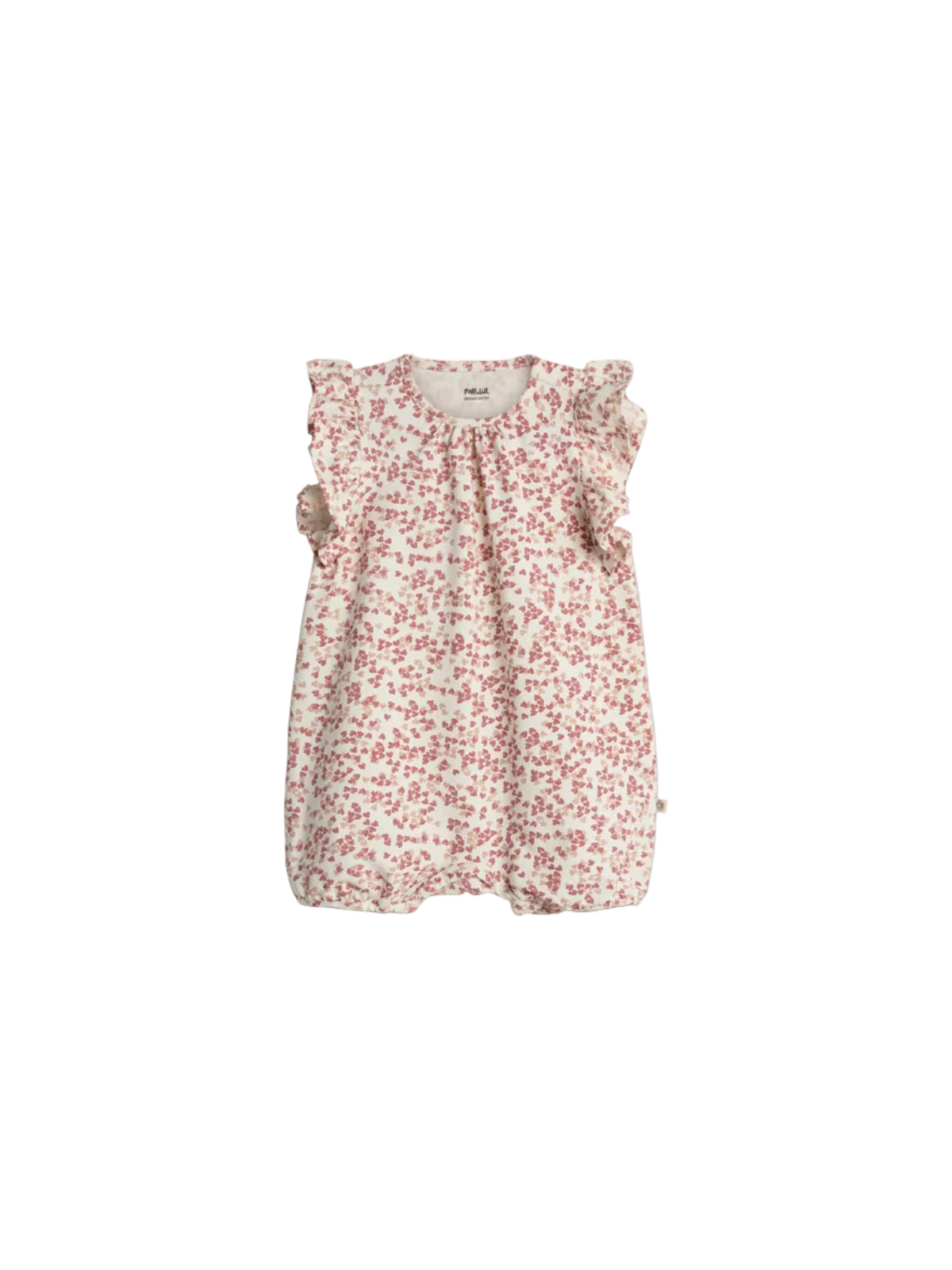 A white baby romper decorated with a pink strawberry pattern, featuring ruffled sleeves. The label reads "PURE.LUX ORGANIC COTTON," suggesting an emphasis on organic materials.