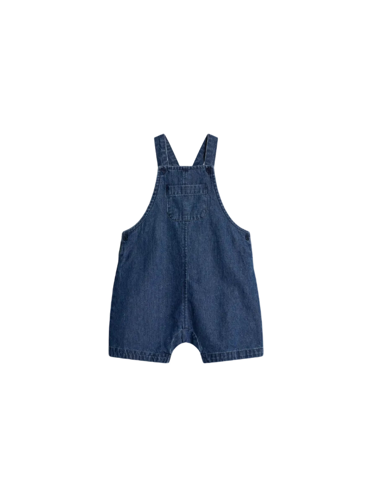 Denim overalls with a small chest pocket and adjustable shoulder straps. Set against a plain white background, the overalls have button fastenings on the sides.