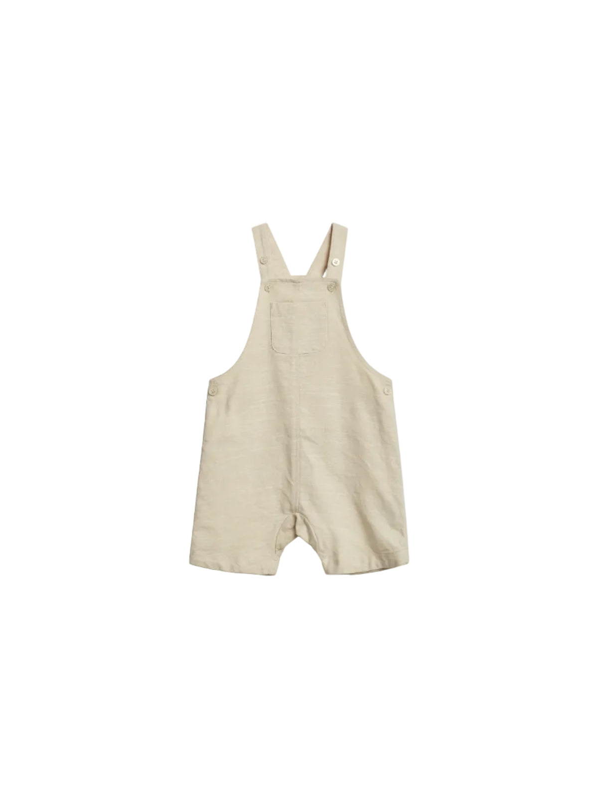 Beige children's romper with front pocket and adjustable straps featuring buttons. Set against a plain white background.