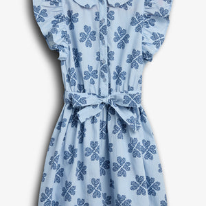 A light blue dress with blue floral patterns, features ruffled sleeves and a button-down front, tied with a waist bow, set against a plain white background.