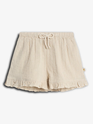 Cream-colored shorts with a drawstring waist and subtle floral pattern. The hem features ruffles, adding a decorative touch. The shorts are laid flat against a plain white background.