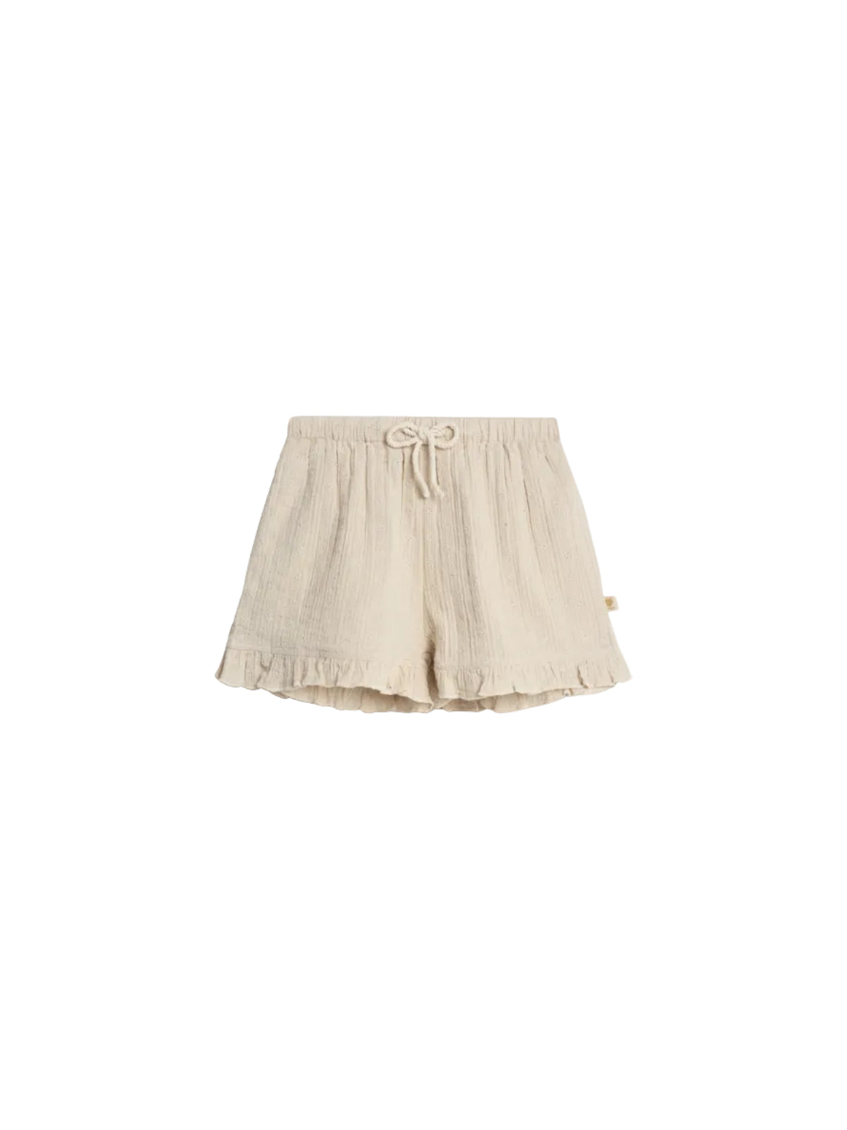 Cream-colored shorts with a drawstring waist and subtle floral pattern. The hem features ruffles, adding a decorative touch. The shorts are laid flat against a plain white background.
