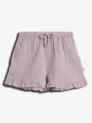 Lilac-colored textured shorts have a drawstring waistband, small floral patterns, and ruffled hems, displayed against a plain white background.
