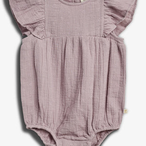 Baby romper with flutter sleeves, featuring a textured, light purple fabric with small embroidered patterns. It's displayed against a plain white background, showcasing its intricate design.