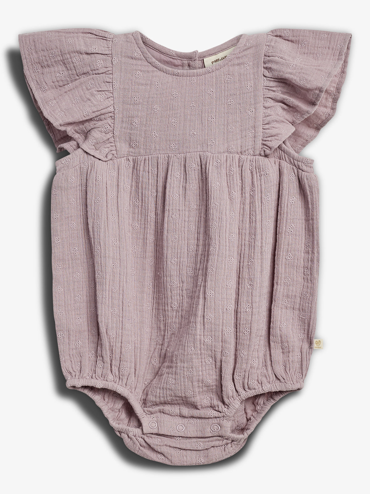 Baby romper with flutter sleeves, featuring a textured, light purple fabric with small embroidered patterns. It's displayed against a plain white background, showcasing its intricate design.