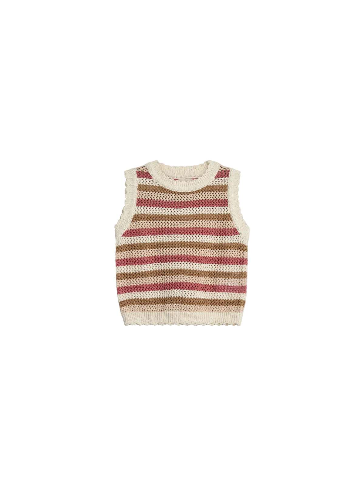 A knitted sleeveless vest displays horizontal stripes in cream, brown, and pink. It lies flat against a plain white background.