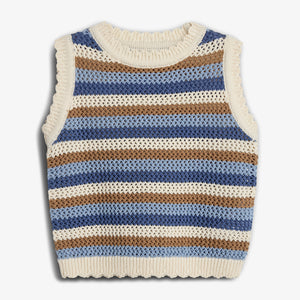 Sleeveless knit vest with cream, brown, and blue horizontal stripes, featuring a ribbed crew neckline and hem, set against a plain white background.