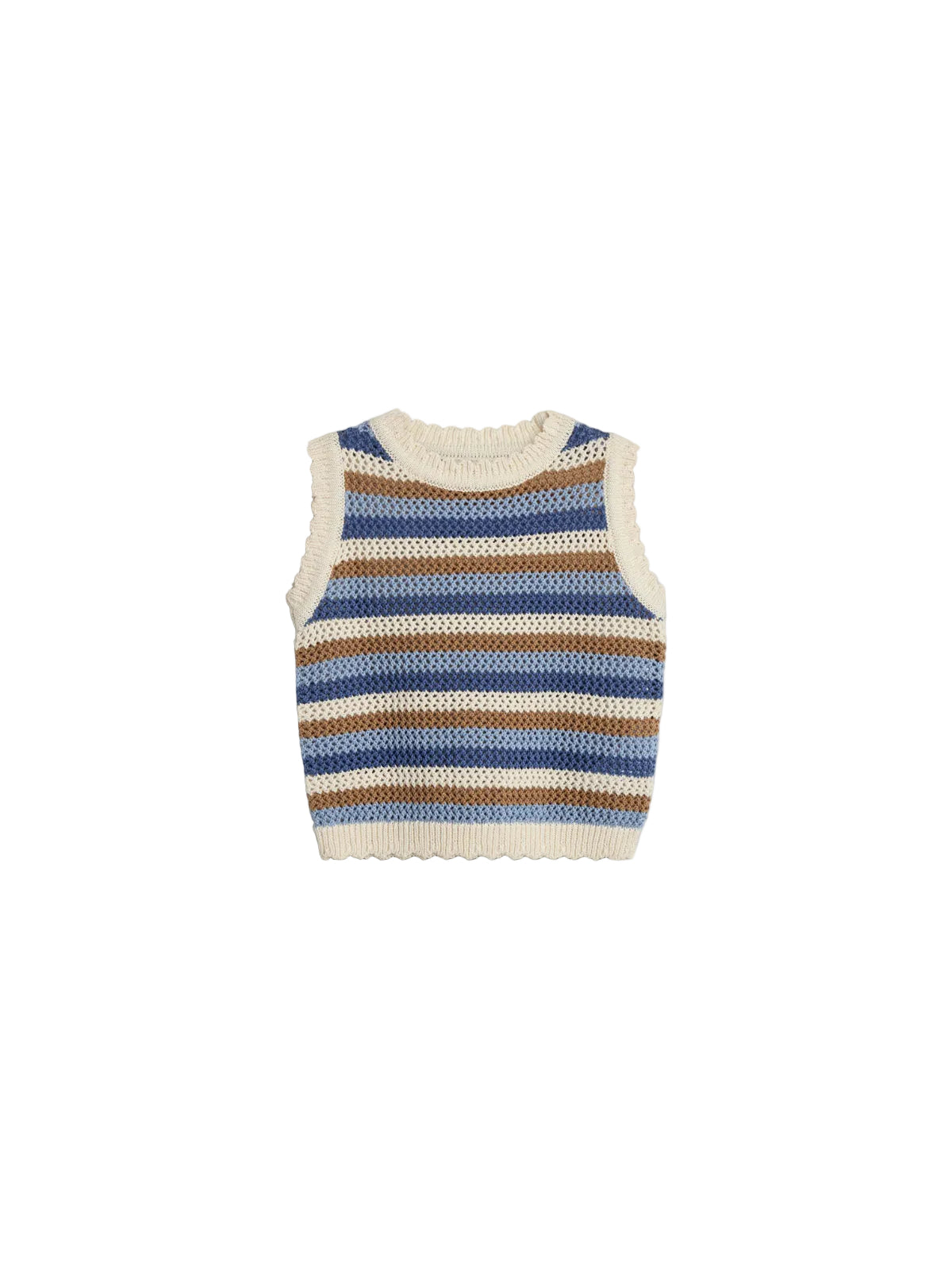 Sleeveless knit vest with cream, brown, and blue horizontal stripes, featuring a ribbed crew neckline and hem, set against a plain white background.