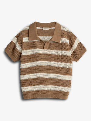 A short-sleeved, collared knit sweater features alternating brown and cream horizontal stripes. It is laid flat against a white background. A label inside reads "Parade."
