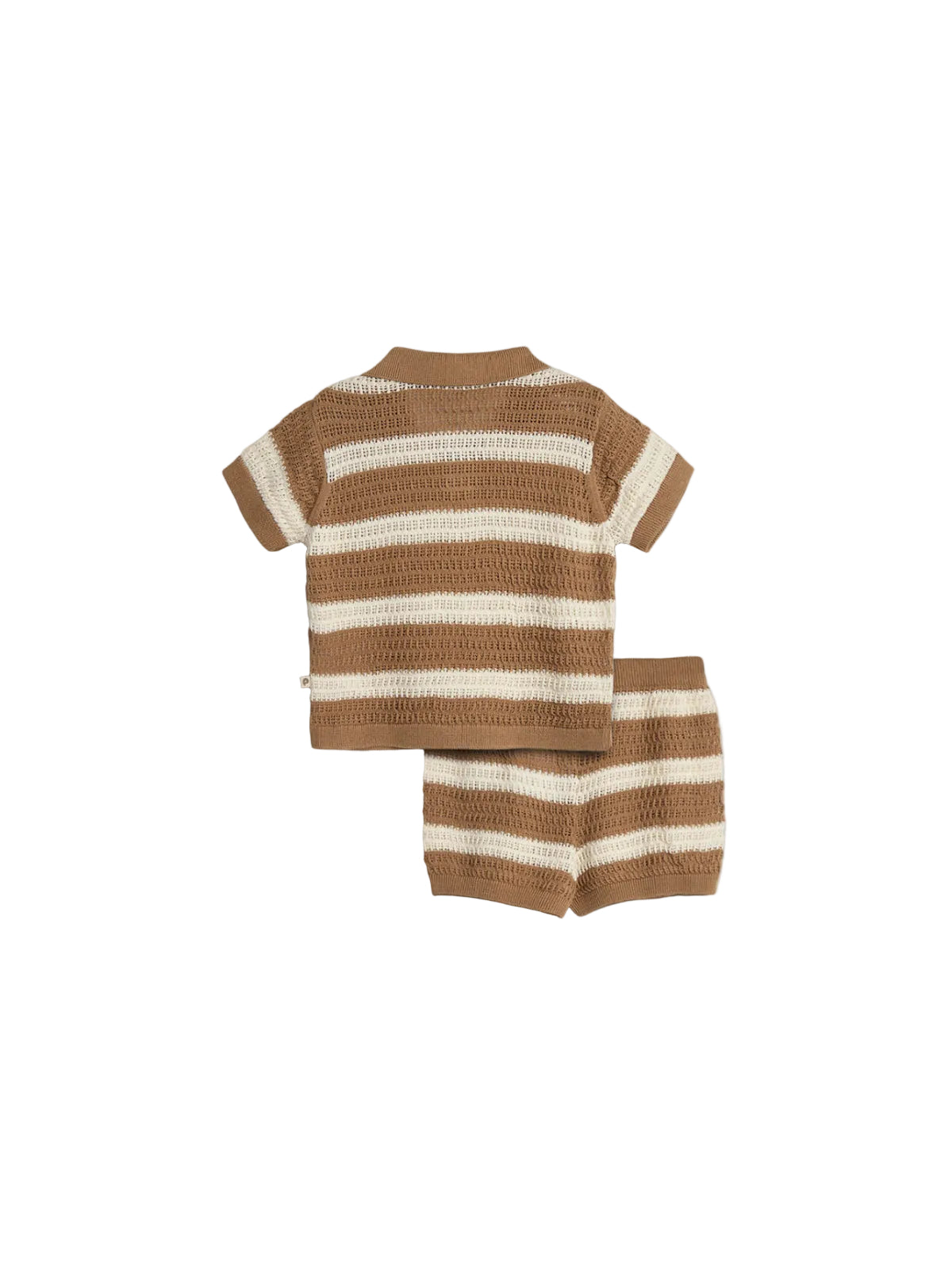 A brown and cream striped knitted baby outfit, consisting of a short-sleeved top and shorts, is laid flat against a plain white background.