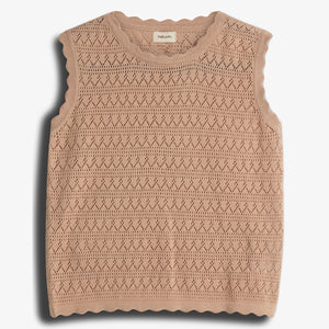 Sleeveless beige knit top featuring intricate openwork patterns and scalloped edges. Positioned against a plain white background, the label reads "Molli Paris" at the neckline.