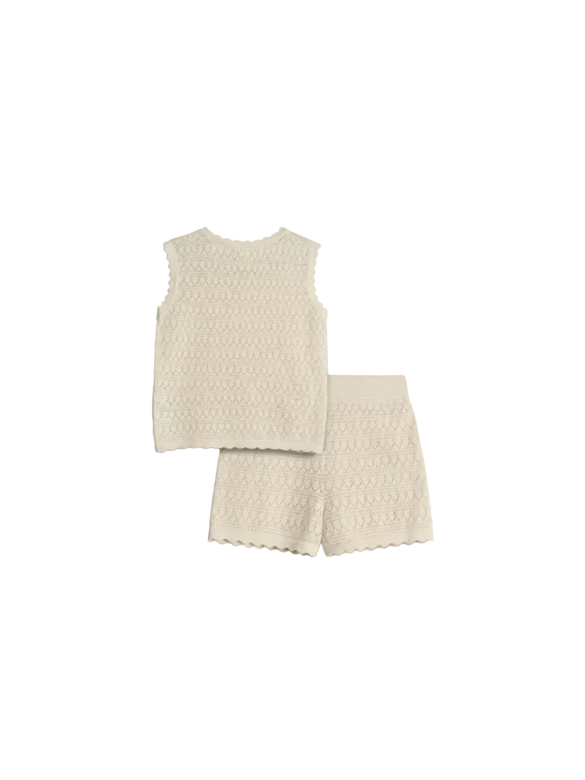 A cream-colored, sleeveless knit top and shorts set, featuring a delicate eyelet pattern and scalloped edges, is displayed against a plain white background.
