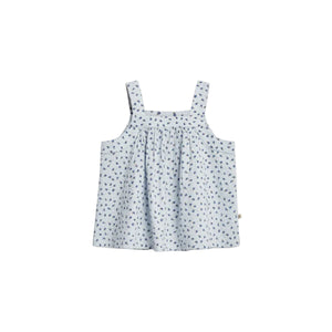 A light blue sleeveless top with thin straps, adorned with a pattern of small blue flowers, displayed against a plain white background.
