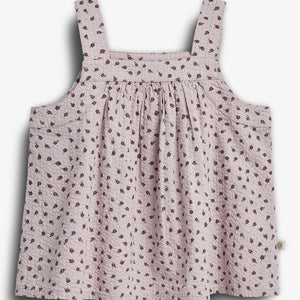 Sleeveless floral-printed pink top with gathered fabric, featuring wide shoulder straps. The lightweight material has a textured appearance, creating a soft, flowing effect. It's displayed against a plain white background.