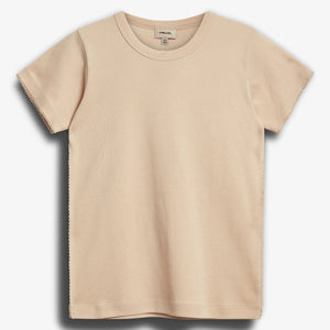Beige T-shirt displayed flat; the shirt is short-sleeved with a round neck. Context is a plain white background. Text on the label: "mini merle, USA 140".