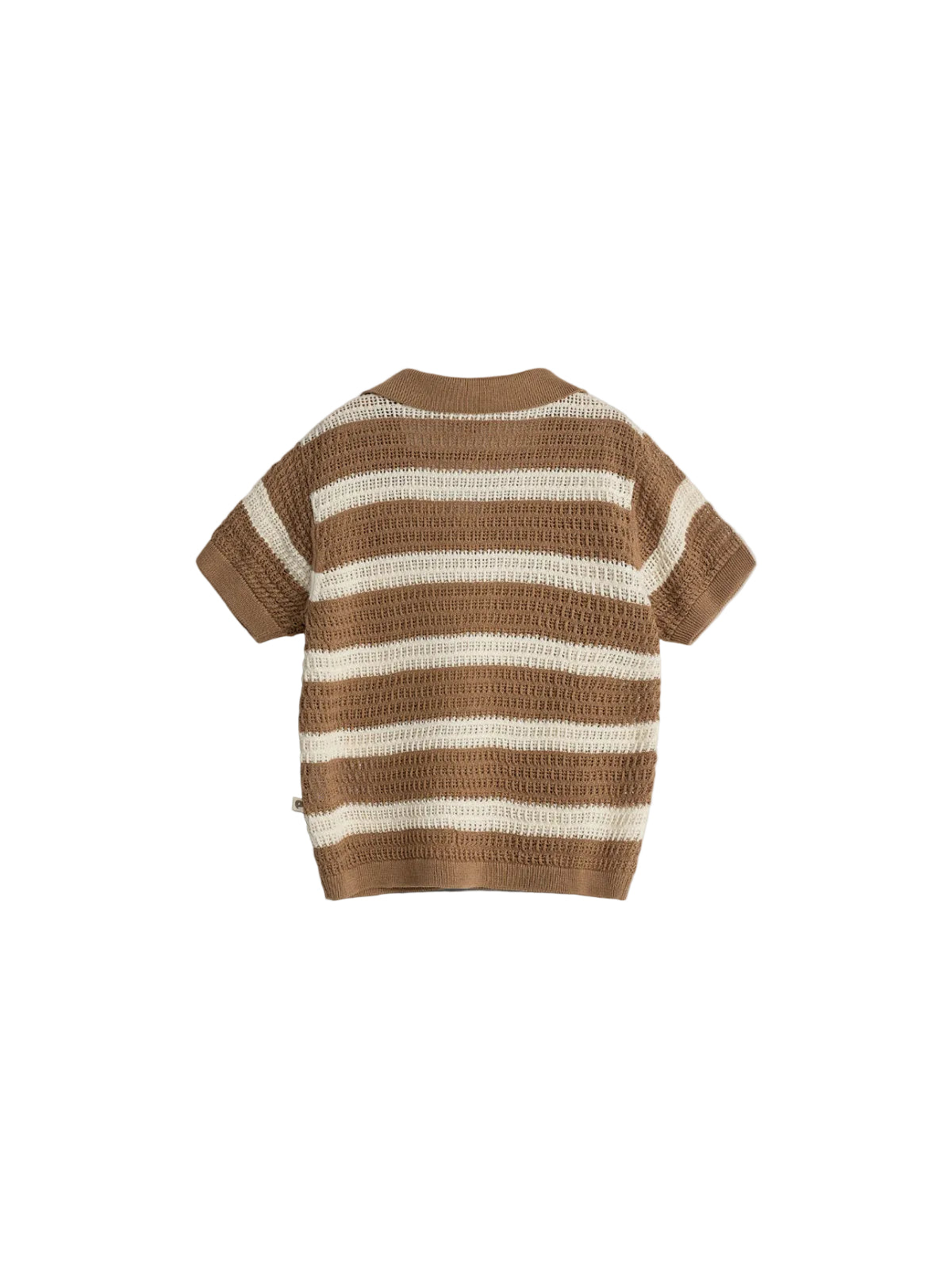 A short-sleeved, brown-and-cream striped knit sweater is displayed flat against a plain background, showcasing its textured pattern and ribbed collar and hem.