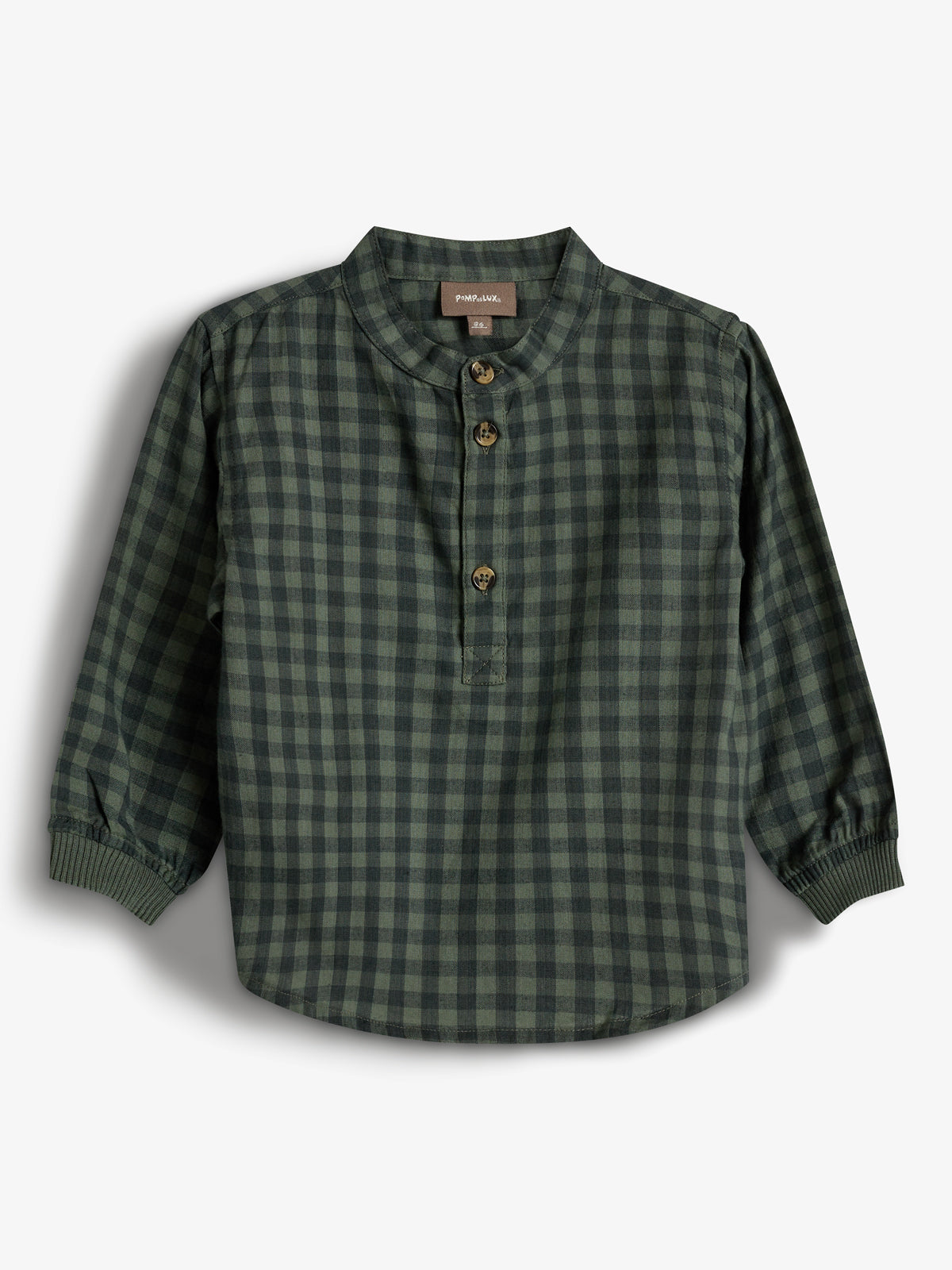 Plaid shirt with button-up front and long sleeves, featuring a green and black checkered pattern. Labeled "PIMPLIM," it is displayed against a plain white background.