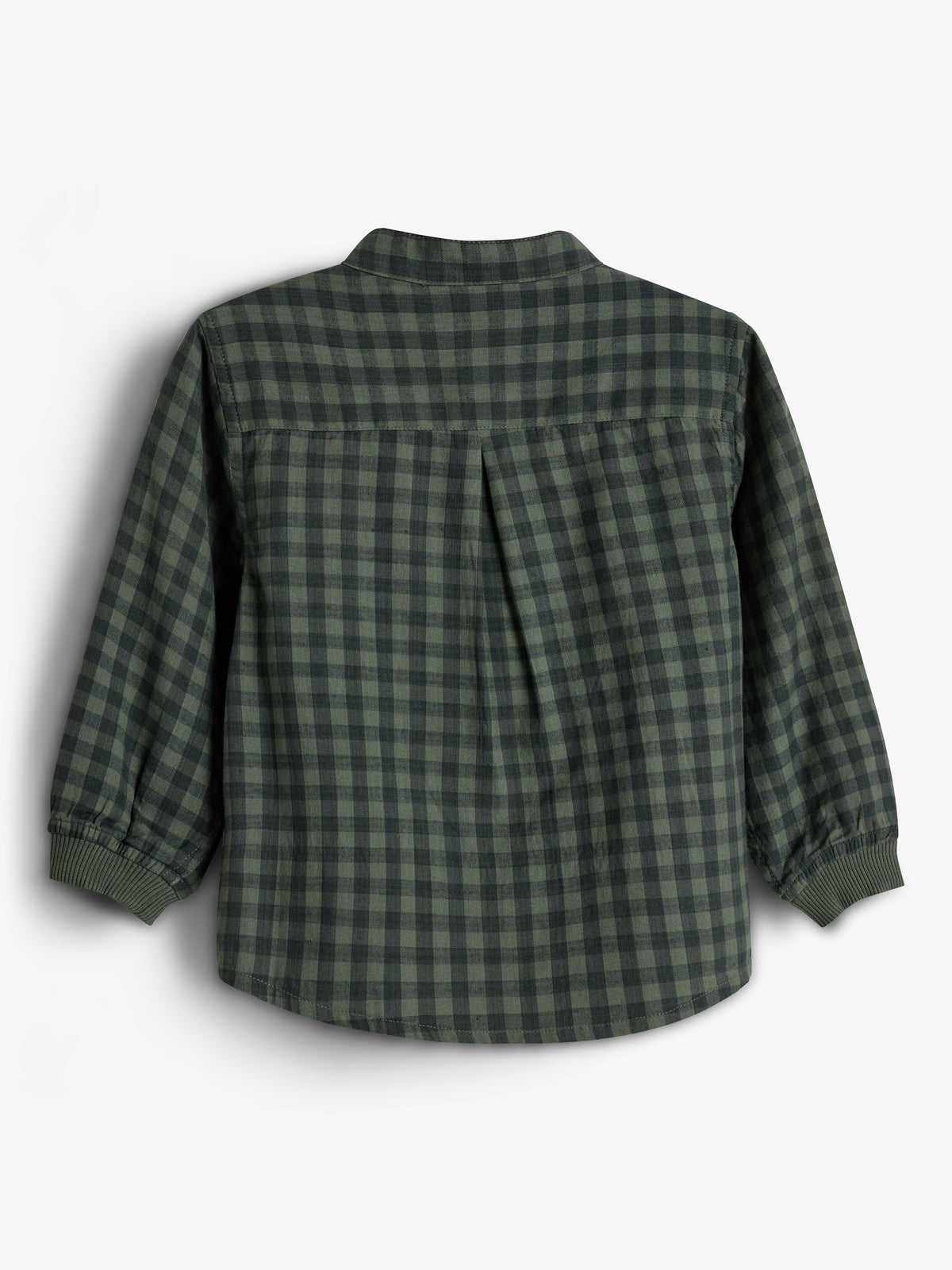 A green and black plaid shirt is laying flat, with a back view shown. It features long sleeves and a small collar, set against a plain white background.