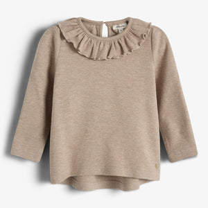 A beige long-sleeve sweater features a ruffled neckline with a keyhole button closure at the back, displayed against a plain white background.