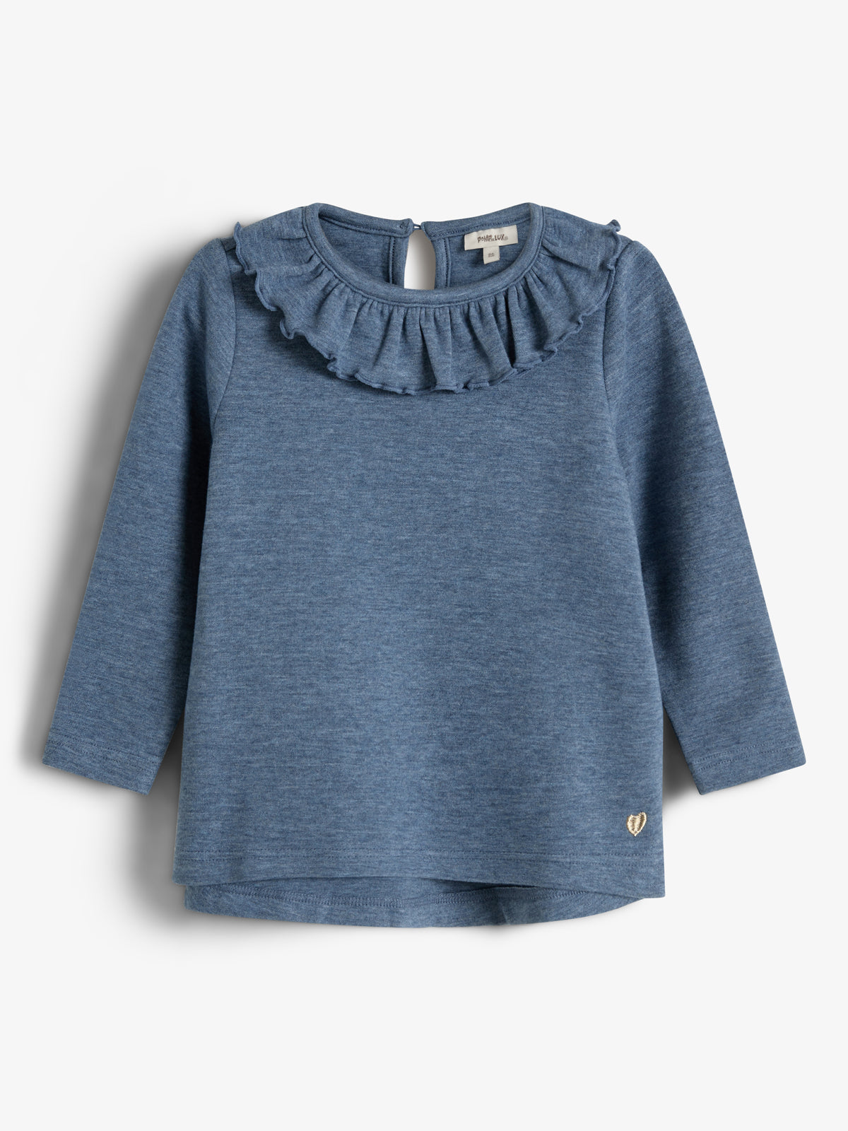A blue long-sleeve toddler shirt with a ruffled collar hangs against a plain background. It features a small gold heart detail at the bottom.