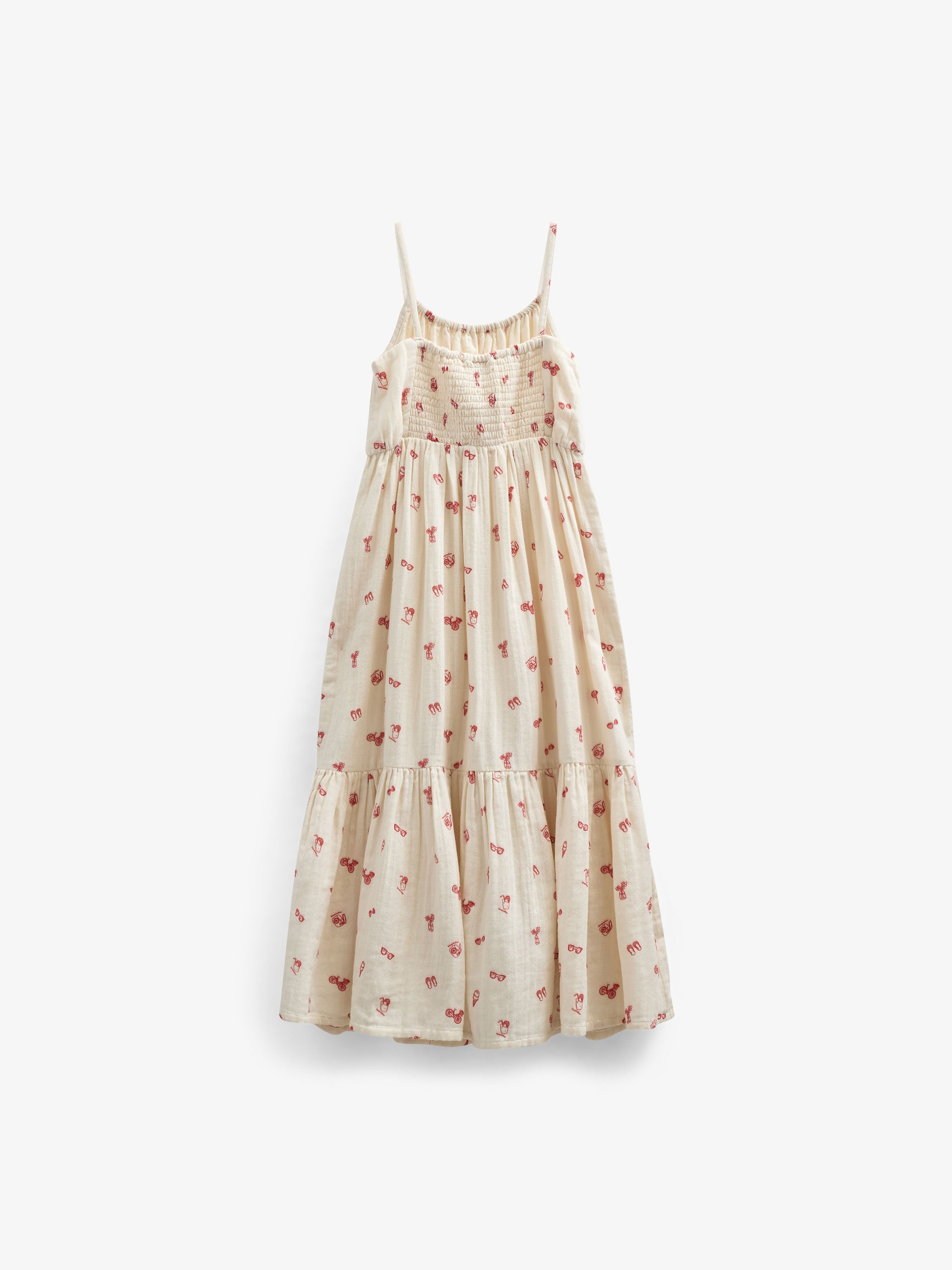 Printed Gauze Midi Strap Dress - Tween - Offwhite/Cherry Red | 100974 Fiona