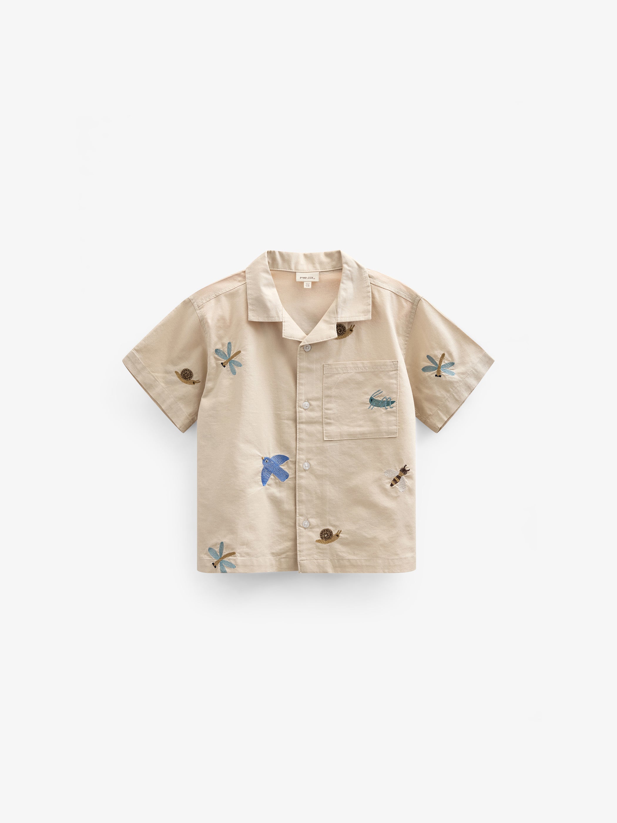 Embroidered Short Sleeve Cotton Shirt - Kids - Light Beige | 101061 Erik